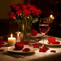 ai généré table décoré pour une romantique dîner avec deux Champagne lunettes, bouquet de rouge des roses ou bougie concept par ai généré photo