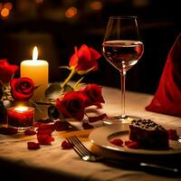 ai généré table décoré pour une romantique dîner avec deux Champagne lunettes, bouquet de rouge des roses ou bougie concept par ai généré photo