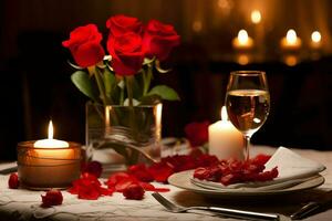 ai généré table décoré pour une romantique dîner avec deux Champagne lunettes, bouquet de rouge des roses ou bougie concept par ai généré photo