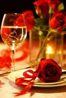 ai généré table décoré pour une romantique dîner avec deux Champagne lunettes, bouquet de rouge des roses ou bougie concept par ai généré photo