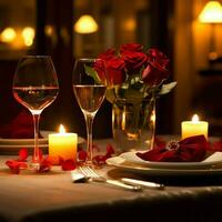 ai généré table décoré pour une romantique dîner avec deux Champagne lunettes, bouquet de rouge des roses ou bougie concept par ai généré photo