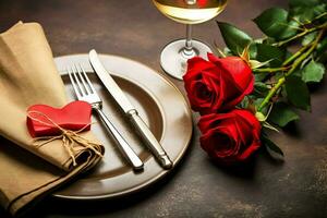 ai généré table décoré pour une romantique dîner avec deux Champagne lunettes, bouquet de rouge des roses ou bougie concept par ai généré photo