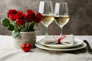 ai généré table décoré pour une romantique dîner avec deux Champagne lunettes, bouquet de rouge des roses ou bougie concept par ai généré photo