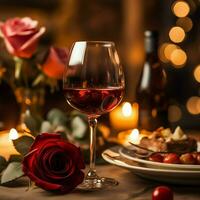 ai généré table décoré pour une romantique dîner avec deux Champagne lunettes, bouquet de rouge des roses ou bougie concept par ai généré photo