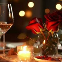 ai généré table décoré pour une romantique dîner avec deux Champagne lunettes, bouquet de rouge des roses ou bougie concept par ai généré photo