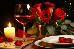 ai généré table décoré pour une romantique dîner avec deux Champagne lunettes, bouquet de rouge des roses ou bougie concept par ai généré photo