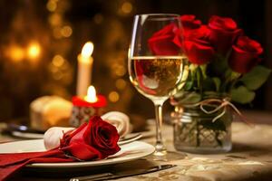 ai généré table décoré pour une romantique dîner avec deux Champagne lunettes, bouquet de rouge des roses ou bougie concept par ai généré photo