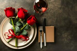 ai généré table décoré pour une romantique dîner avec deux Champagne lunettes, bouquet de rouge des roses ou bougie concept par ai généré photo