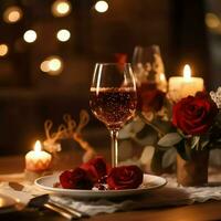 ai généré table décoré pour une romantique dîner avec deux Champagne lunettes, bouquet de rouge des roses ou bougie concept par ai généré photo