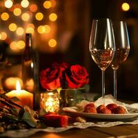 ai généré table décoré pour une romantique dîner avec deux Champagne lunettes, bouquet de rouge des roses ou bougie concept par ai généré photo