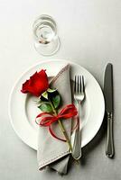 ai généré table décoré pour une romantique dîner avec deux Champagne lunettes, bouquet de rouge des roses ou bougie concept par ai généré photo