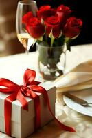 ai généré table décoré pour une romantique dîner avec deux Champagne lunettes, bouquet de rouge des roses ou bougie concept par ai généré photo