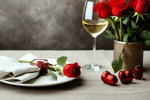 ai généré table décoré pour une romantique dîner avec deux Champagne lunettes, bouquet de rouge des roses ou bougie concept par ai généré photo