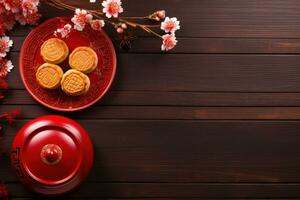 lune gâteau gâteau de lune table réglage - rond en forme de chinois traditionnel Pâtisserie avec thé tasses sur en bois arrière-plan, milieu de l'automne Festival concept, proche en haut. génératif ai photo