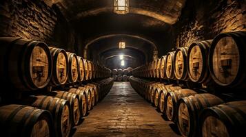 du vin barils empilés dans le vieux cave de le vignoble. génératif ai photo