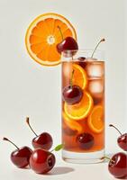 ai généré une verre de la glace thé avec cerises et une tranche de Orange isolé sur une blanc Contexte. ai généré photo