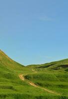 paysage avec un chemin piétiné, traversant un magnifique terrain montagneux verdoyant. photo d'un bel espace paysager en relief avec une fine allée
