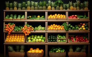 pommes, citrons, des oranges, grenades, Ananas, les pêches et fraise. divers des fruits dans une rue marché. génératif ai photo