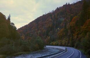 route dans l'automne forêt à le coucher du soleil dans Carpates montagnes, Ukraine. magnifique Montagne chaussée avec Orange tress et haute rochers. paysage avec vide Autoroute par le les bois dans tomber photo