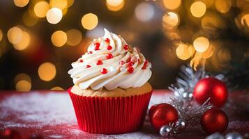 ai généré Noël petit gâteau sur Noël décoré de fête table photo