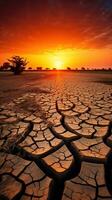 étourdissant le coucher du soleil plus de une séché en dehors champ. le d'or Soleil jette une chaud lueur plus de le fissuré Terre, création une spectaculaire et magnifique scène. génératif ai photo