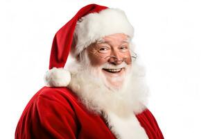 Père Noël claus content vieux homme avec blanc barbe et moustache. il porte rouge costume avec blanc fourrure et noir ceinture. génératif ai photo