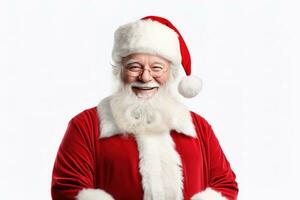 Père Noël claus content vieux homme avec blanc barbe et moustache. il porte rouge costume avec blanc fourrure et noir ceinture. génératif ai photo