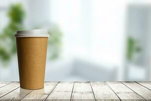 artisanat papier café tasse sur une blanc table près lumière mur Contexte photo