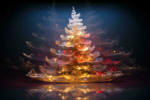 ai généré Noël arbre avec lumières et réflexion sur noir Contexte. 3d illustration, Noël arbre lumière, ai généré photo