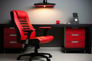 un ergonomique Bureau chaise cette orne une moderne Accueil Bureau avec vibrant rouge accents. ai généré photo