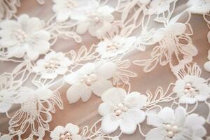 complexe dentelle en tissu texture avec délicat floral motifs. texture, arrière-plan, modèle. ai génératif photo