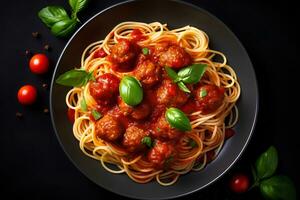 de haut en bas vue de spaghetti et Boulettes de viande. ai génératif photo