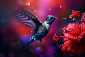 ai généré colibri dans vol avec rouge hibiscus fleur, bleu colibri violet sabrage en volant suivant à magnifique rouge fleur, ai généré photo