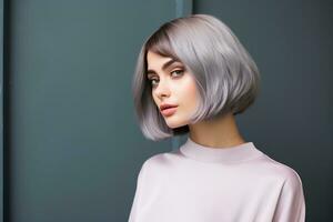 Jeune femme avec court bob la Coupe de cheveux sur gris Contexte. ai génératif photo