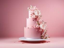ai généré magnifique à plusieurs niveaux gâteau décoré avec fleurs. photo