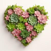 ai généré le cœur est doublé avec magnifique plantes succulentes sur une lumière rose Contexte photo