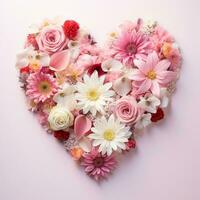 ai généré le cœur est doublé avec magnifique rose et blanc fleurs sur une rose Contexte photo