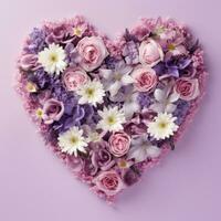 ai généré le cœur est doublé avec magnifique multicolore fleurs dans rose et violet photo