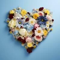 ai généré le cœur est doublé avec magnifique multicolore fleurs sur une bleu Contexte photo