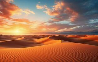 le coucher du soleil plus de le désert le sable dunes. le Sahara du désert aride paysage. ai génératif photo