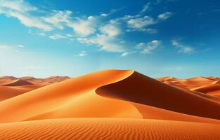 le coucher du soleil plus de le désert le sable dunes. le Sahara du désert aride paysage. ai génératif photo