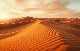 le coucher du soleil plus de le désert le sable dunes. le Sahara du désert aride paysage. ai génératif photo