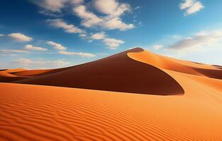 le coucher du soleil plus de le désert le sable dunes. le Sahara du désert aride paysage. ai génératif photo