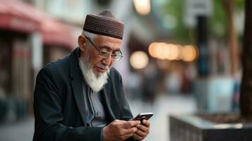 musulman Sénior homme en utilisant mobile téléphone. génératif ai. photo