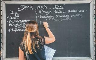 Dame dans une nourriture un camion l'écriture une menu pour le journée photo