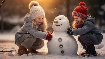 les enfants jouer en plein air dans neige. Extérieur amusement pour famille Noël vacances. en jouant en plein air. content enfant ayant amusement avec bonhomme de neige. photo