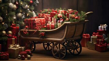 Noël sentiment. charmant ancien traîneau rempli avec magnifiquement enveloppé cadeaux, évoquant nostalgique sentiments de anticipation et merveille photo
