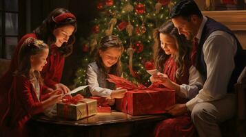 ai généré famille traditions capturer le réconfortant moment de une famille recueillies autour le Noël arbre, échanger cadeaux et partage rire rempli avec joie. photo
