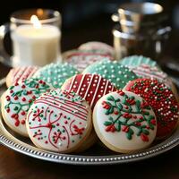 l'eau à la bouche assortiment de délicieusement décoré Noël pain d'épice gingembre biscuits. différent couleurs. Noël présente publicité. photo