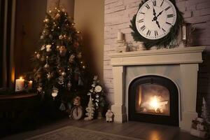 ai généré une cheminée avec une l'horloge et une Noël arbre photo